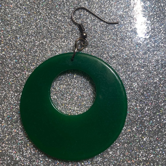 Green hoop Earrings with rhinestones. - Picture 4 of 5